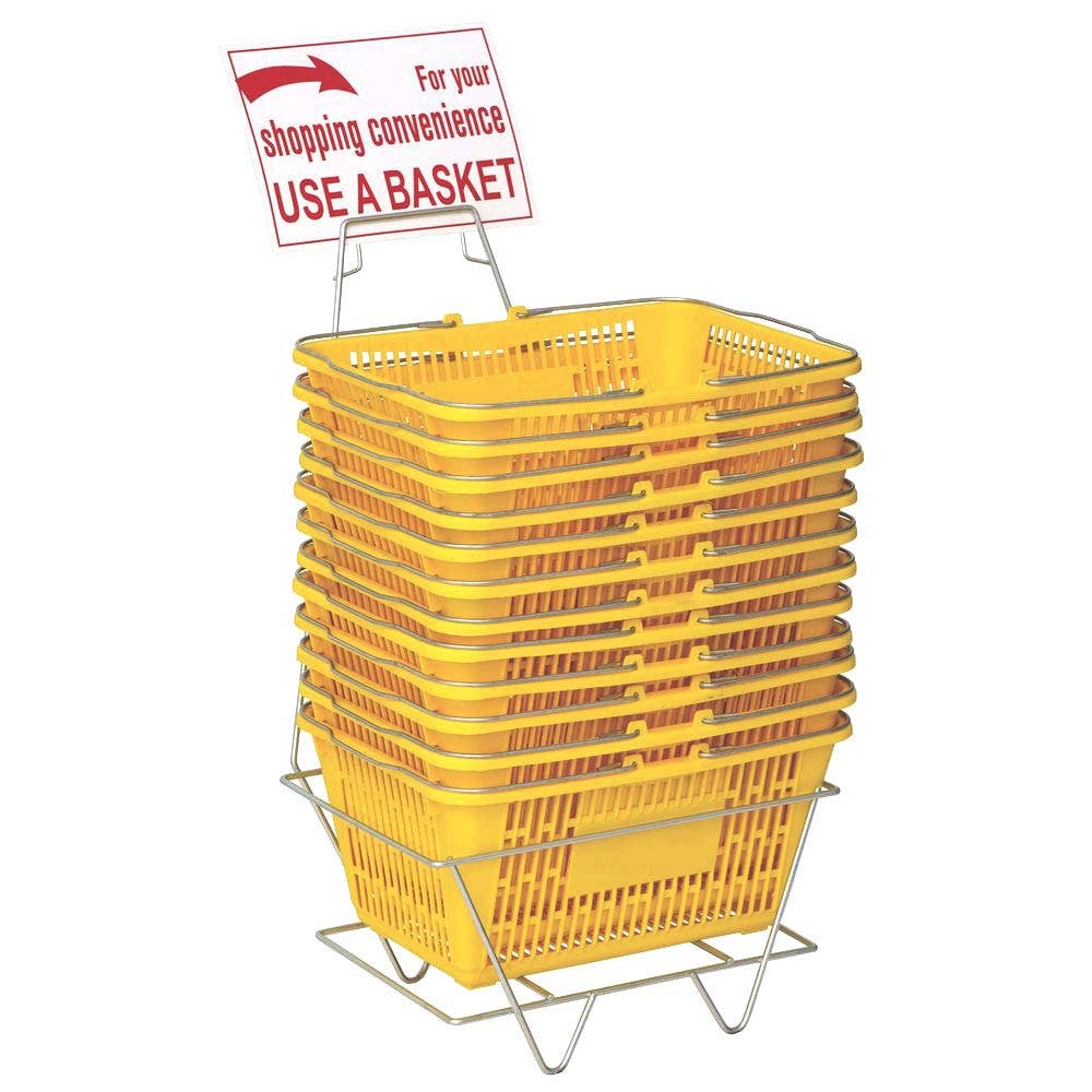 Shopping Basket Set of 12 Plastic with Sign and Stand (Metal Handles): GREEN