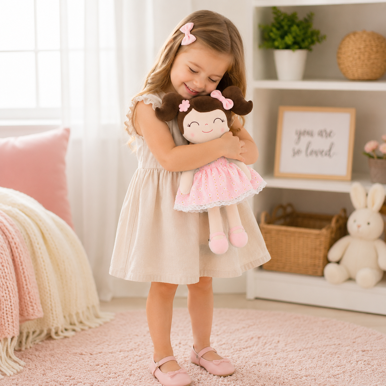 16" Keepsake Plush Doll - Pink Dress Dark Brown Hair