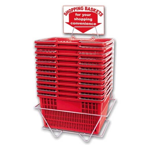 Shopping Basket Set of 12  Plastic with Sign and Stand (Metal Handles): GREEN