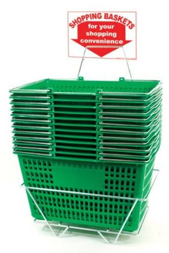 Shopping Basket Set of 12  Plastic with Sign and Stand (Metal Handles): GREEN